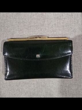 Bosca Dark Green Leather Clutch with Gold Frame